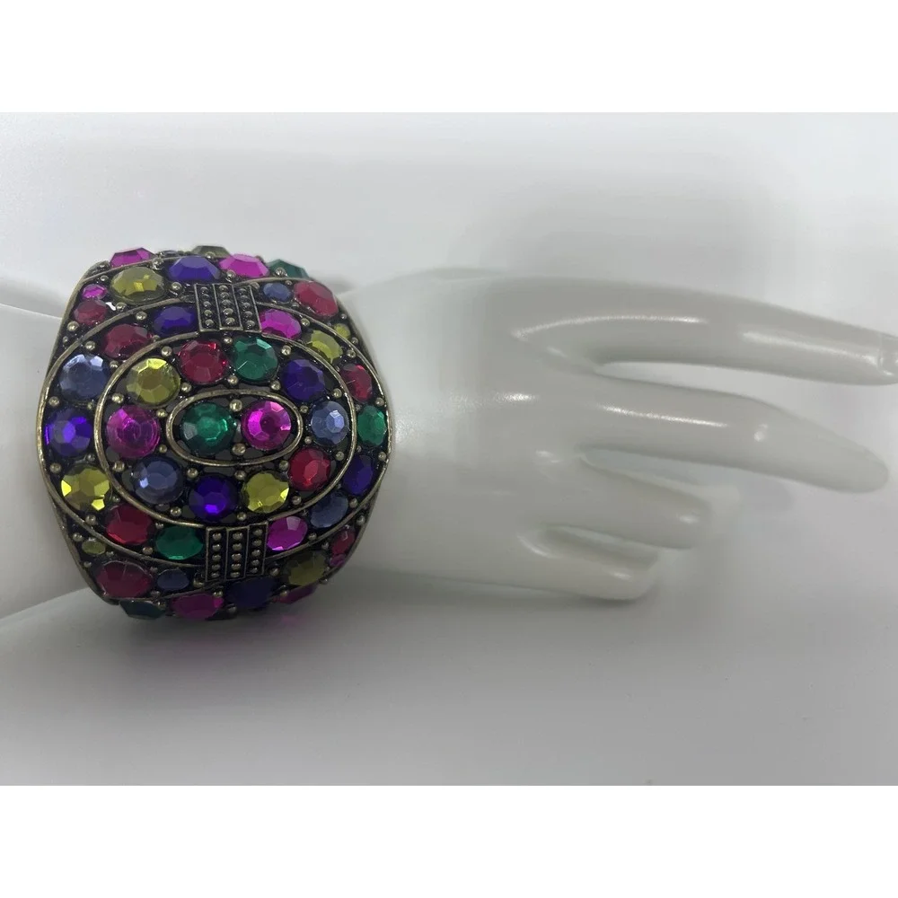 Bracelet Gold Tone Large Multicolor Rhinestone Bangle Hinged Statement Jewelry